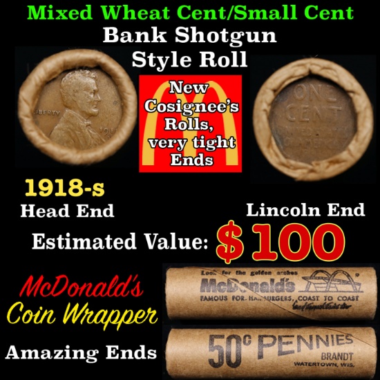 Lincoln Wheat Cent 1c Mixed Roll Orig Brandt McDonalds Wrapper, 1918-s end, Wheat other end