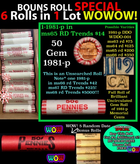 THIS AUCTION ONLY! BU Shotgun Lincoln 1c roll, 1981-p 50 pcs Plus FIVE bonus random date BU roll! Ba