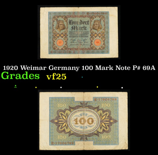 1920 Weimar Germany 100 Mark Note P# 69A Grades vf+