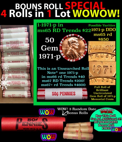 THIS AUCTION ONLY! BU Shotgun Lincoln 1c roll, 1971-p 50 pcs Plus THREE bonus random date BU roll! B