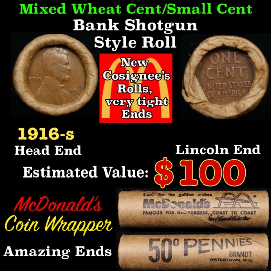 Lincoln Wheat Cent 1c Mixed Roll Orig Brandt McDonalds Wrapper, 1916-s end, Wheat other end