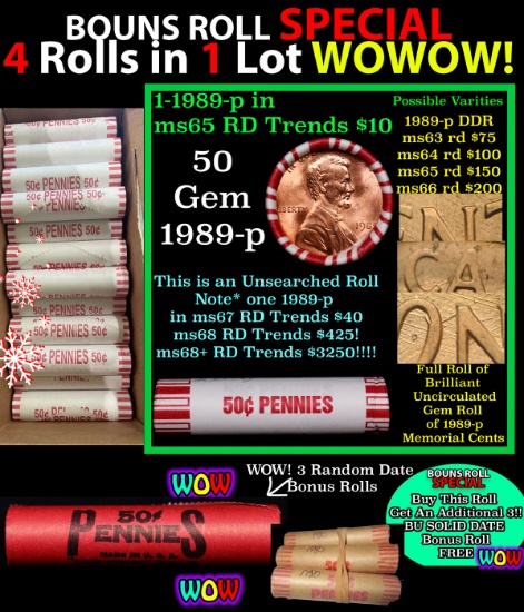 THIS AUCTION ONLY! BU Shotgun Lincoln 1c roll, 1989-p 50 pcs Plus THREE bonus random date BU roll! B