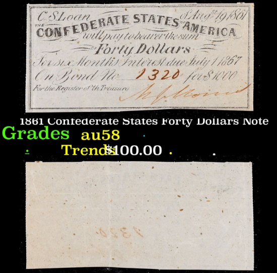 1861 Confederate States Forty Dollars Note Grades Choice AU/BU Slider