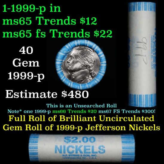 BU Shotgun Jefferson 5c roll, 1999-p 40 pcs N.F. String & Son $2 Nickel Wrapper
