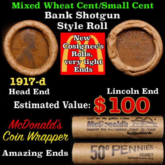Lincoln Wheat Cent 1c Mixed Roll Orig Brandt McDonalds Wrapper, 1917-d end, Wheat other end