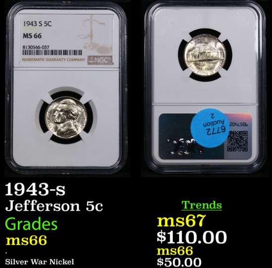 NGC 1943-s Jefferson Nickel 5c Graded ms66 By NGC