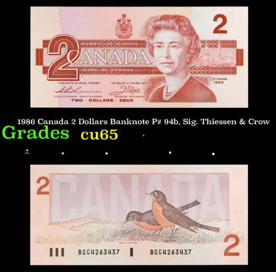 1986 Canada 2 Dollars Banknote P# 94b, Sig. Thiessen & Crow Grades Gem CU