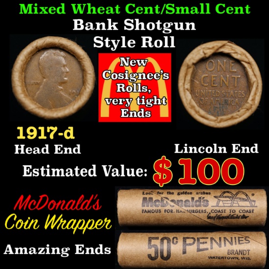 Lincoln Wheat Cent 1c Mixed Roll Orig Brandt McDonalds Wrapper, 1917-d end, Wheat other end
