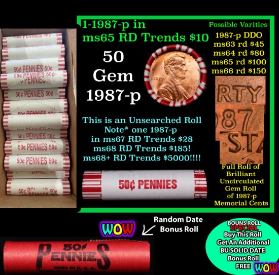 THIS AUCTION ONLY! BU Shotgun Lincoln 1c roll, 1987-p 50 pcs Plus one bonus random date BU roll! Ban