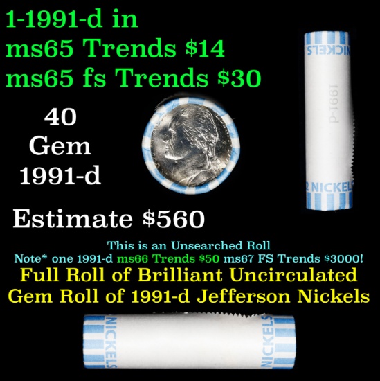 BU Shotgun Jefferson 5c roll, 1991-d 40 pcs N.F. String & Son $2 Nickel Wrapper