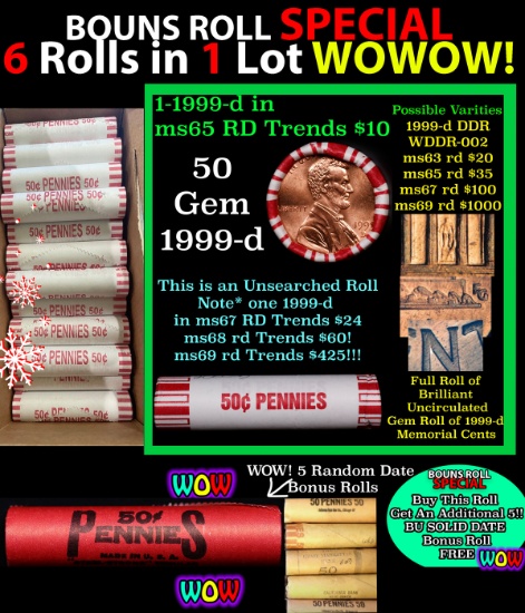 THIS AUCTION ONLY! BU Shotgun Lincoln 1c roll, 1999-d 50 pcs Plus FIVE bonus random date BU roll! Ba