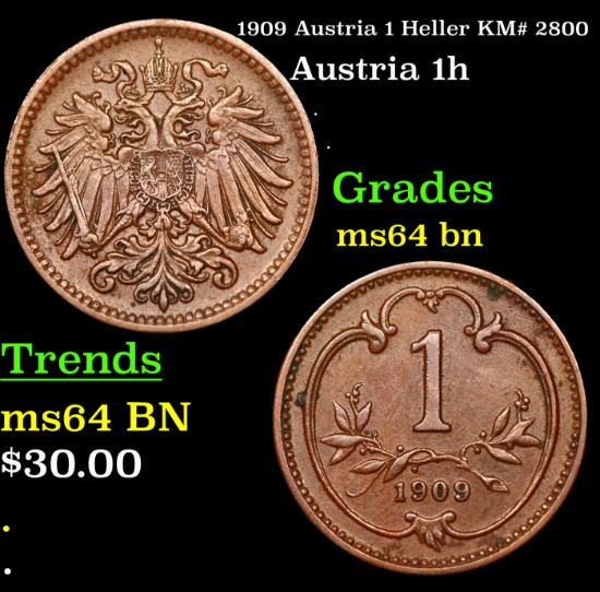 1909 Austria 1 Heller KM# 2800 Grades Choice Unc BN