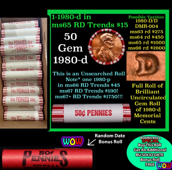 THIS AUCTION ONLY! BU Shotgun Lincoln 1c roll, 1980-d 50 pcs Plus one bonus random date BU roll! Ban