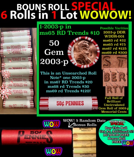 THIS AUCTION ONLY! BU Shotgun Lincoln 1c roll, 2003-p 50 pcs Plus FIVE bonus random date BU roll! Ba