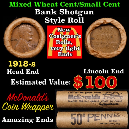 Lincoln Wheat Cent 1c Mixed Roll Orig Brandt McDonalds Wrapper, 1918-s end, Wheat other end