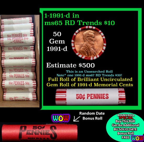 THIS AUCTION ONLY! BU Shotgun Lincoln 1c roll, 1991-d 50 pcs Plus one bonus random date BU roll! Ban