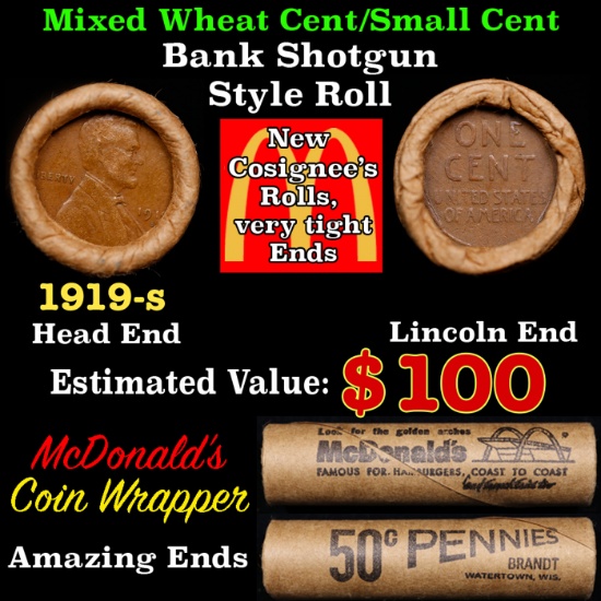 Lincoln Wheat Cent 1c Mixed Roll Orig Brandt McDonalds Wrapper, 1919-s end, Wheat other end