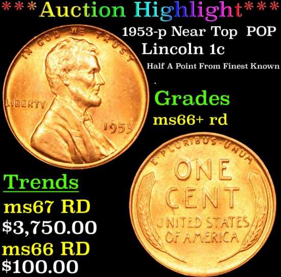1953-p Lincoln Cent Near Top  POP 1c Graded GEM++ RD By USCG