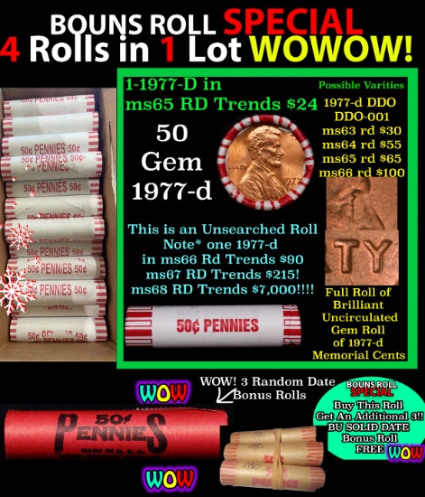 THIS AUCTION ONLY! BU Shotgun Lincoln 1c roll, 1977-d 50 pcs Plus THREE bonus random date BU roll! B