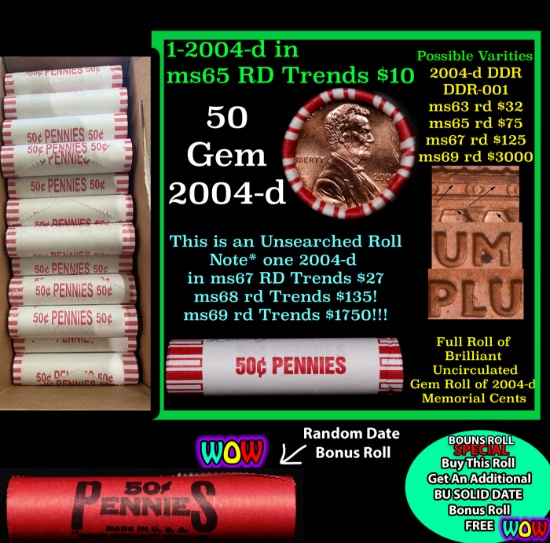 THIS AUCTION ONLY! BU Shotgun Lincoln 1c roll, 2004-d 50 pcs Plus one bonus random date BU roll! Ban