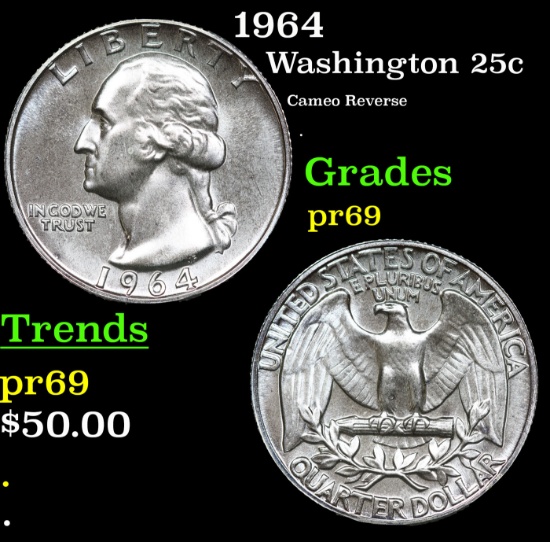 Proof 1964 Washington Quarter 25c Grades GEM++ Proof