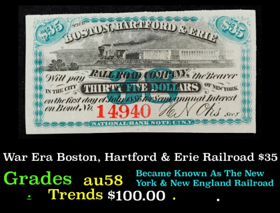 Civil War Era Boston, Hartford & Erie Railroad $35 Note Grades Choice AU/BU Slider
