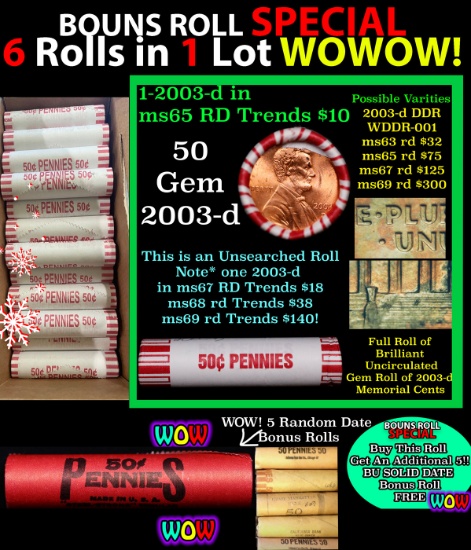 THIS AUCTION ONLY! BU Shotgun Lincoln 1c roll, 2003-d 50 pcs Plus FIVE bonus random date BU roll! Ba