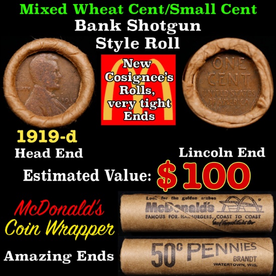 Lincoln Wheat Cent 1c Mixed Roll Orig Brandt McDonalds Wrapper, 1919-d end, Wheat other end