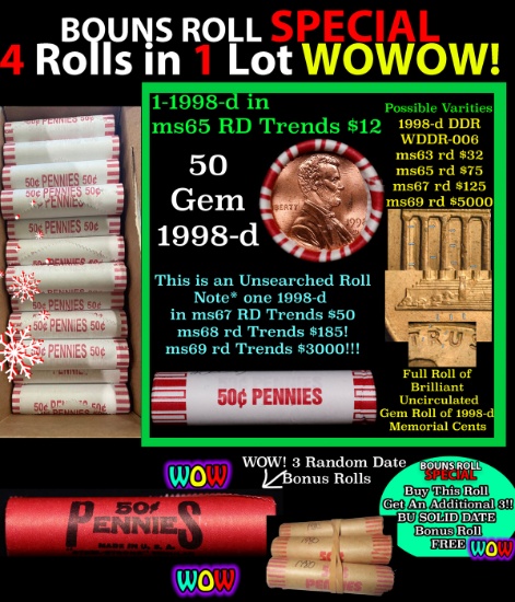 THIS AUCTION ONLY! BU Shotgun Lincoln 1c roll, 1998-d 50 pcs Plus THREE bonus random date BU roll! B