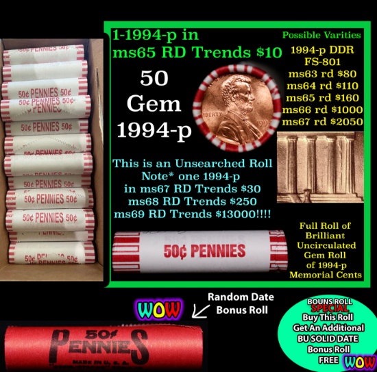 THIS AUCTION ONLY! BU Shotgun Lincoln 1c roll, 1994-p 50 pcs Plus one bonus random date BU roll! Ban