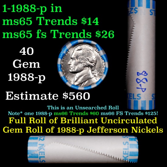 BU Shotgun Jefferson 5c roll, 1988-p 40 pcs Bank $2 Nickel Wrapper