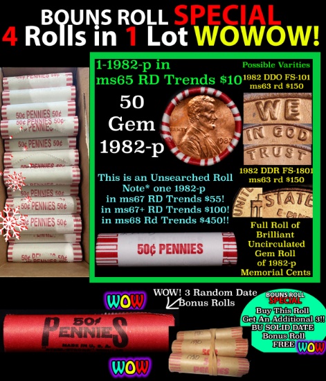 THIS AUCTION ONLY! BU Shotgun Lincoln 1c roll, 1982-p 50 pcs Plus THREE bonus random date BU roll! B