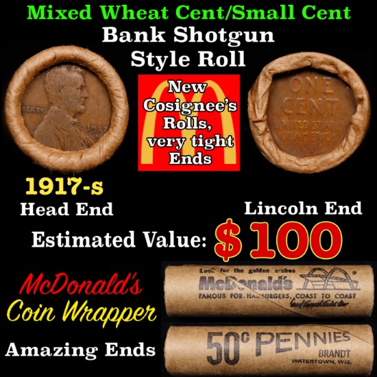 Lincoln Wheat Cent 1c Mixed Roll Orig Brandt McDonalds Wrapper, 1917-s end, Wheat other end