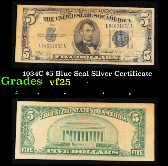1934C $5 Blue Seal Silver Certificate Grades vf+