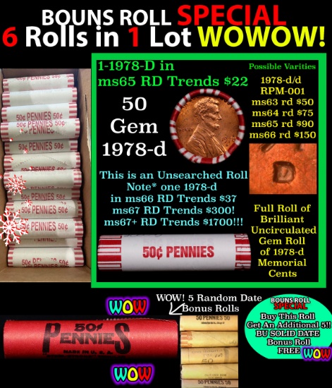 THIS AUCTION ONLY! BU Shotgun Lincoln 1c roll, 1978-d 50 pcs Plus FIVE bonus random date BU roll! Ba