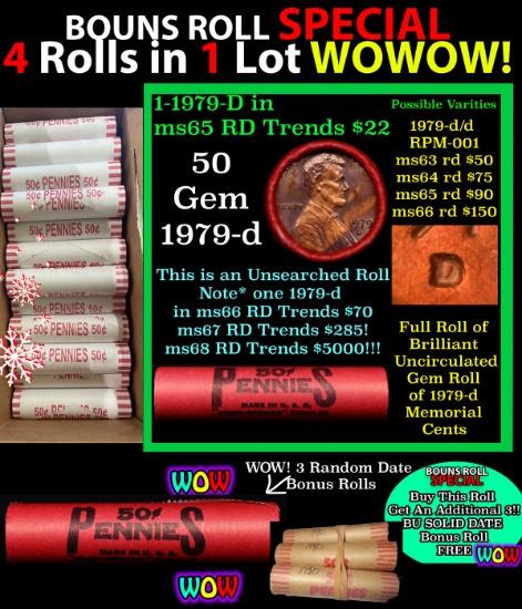 THIS AUCTION ONLY! BU Shotgun Lincoln 1c roll, 1979-d 50 pcs Plus THREE bonus random date BU roll! B