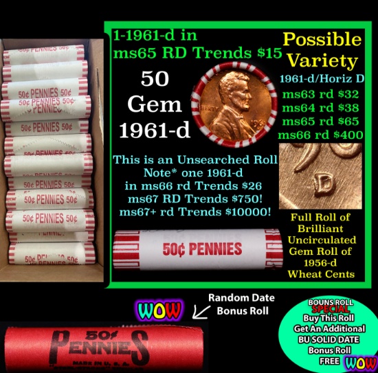 THIS AUCTION ONLY! BU Shotgun Lincoln 1c roll, 1961-d 50 pcs Plus one bonus random date BU roll! Ban