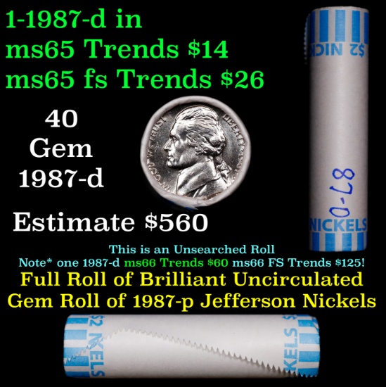 BU Shotgun Jefferson 5c roll, 1987-d 40 pcs Bank $2 Nickel Wrapper
