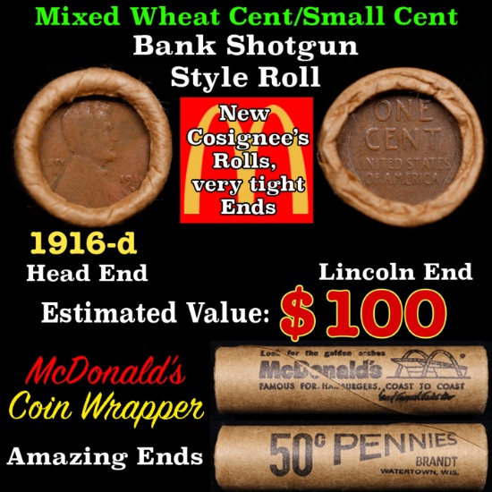 Lincoln Wheat Cent 1c Mixed Roll Orig Brandt McDonalds Wrapper, 1916-d end, Wheat other end