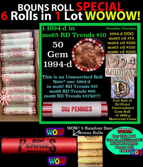 THIS AUCTION ONLY! BU Shotgun Lincoln 1c roll, 1994-d 50 pcs Plus FIVE bonus random date BU roll! Ba