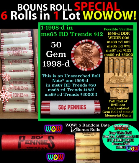 THIS AUCTION ONLY! BU Shotgun Lincoln 1c roll, 1998-d 50 pcs Plus FIVE bonus random date BU roll! Ba