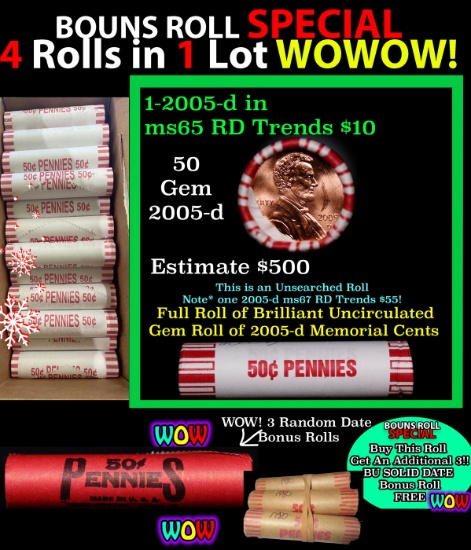 THIS AUCTION ONLY! BU Shotgun Lincoln 1c roll, 2005-d 50 pcs Plus THREE bonus random date BU roll! B