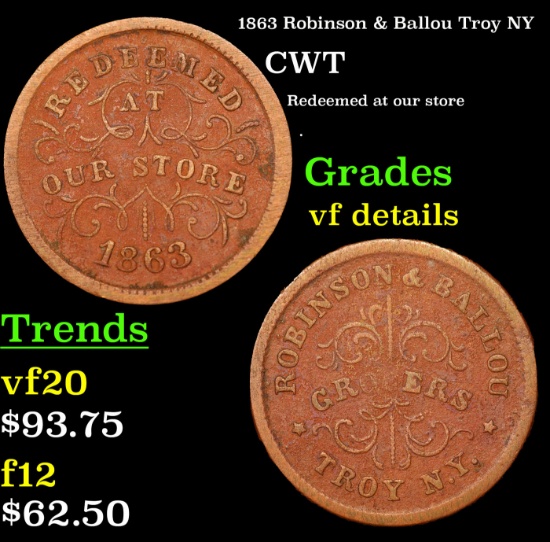 1863 Robinson & Ballou Civil War Token Troy NY 1c Grades vf details