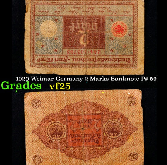 1920 Weimar Germany 2 Marks Banknote P# 59 Grades vf+