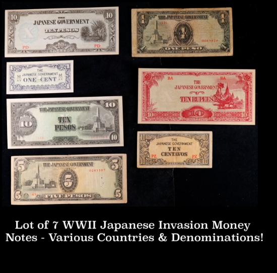 Lot of 7 WWII Japanese Invasion Money Notes - Various Countries & Denominations! Grades