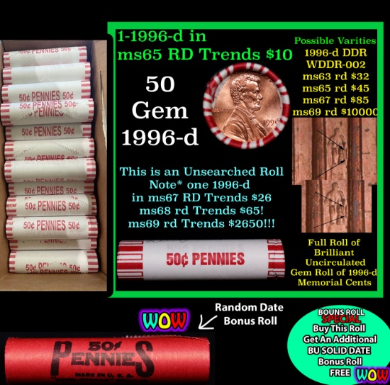 THIS AUCTION ONLY! BU Shotgun Lincoln 1c roll, 1996-d 50 pcs Plus one bonus random date BU roll! Ban