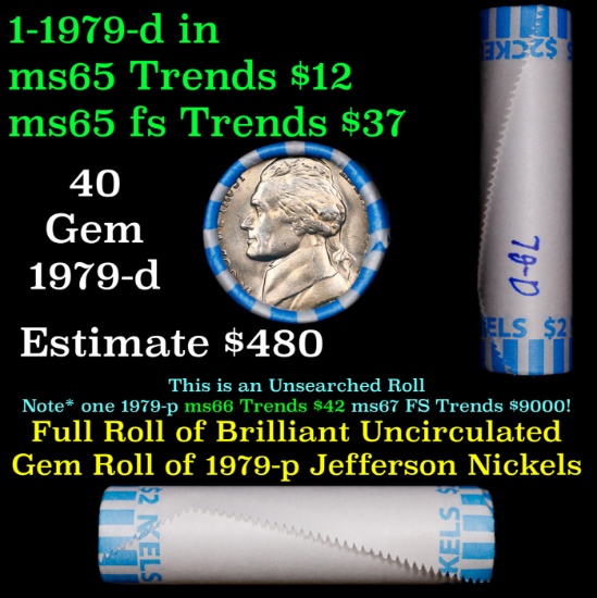 BU Shotgun Jefferson 5c roll, 1979-d 40 pcs Bank $2 Nickel Wrapper