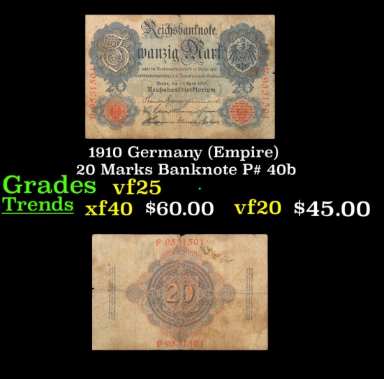1910 Germany (Empire) 20 Marks Banknote P# 40b Grades vf+