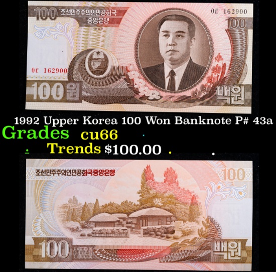 1992 Upper Korea 100 Won Banknote P# 43a Grades Gem+ CU