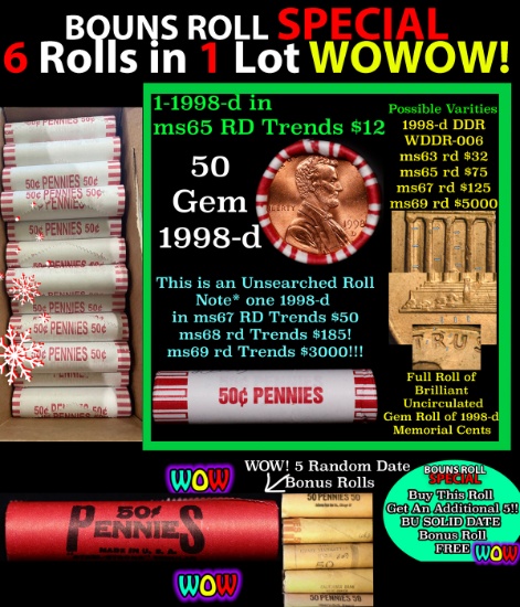 THIS AUCTION ONLY! BU Shotgun Lincoln 1c roll, 1998-d 50 pcs Plus FIVE bonus random date BU roll! Ba